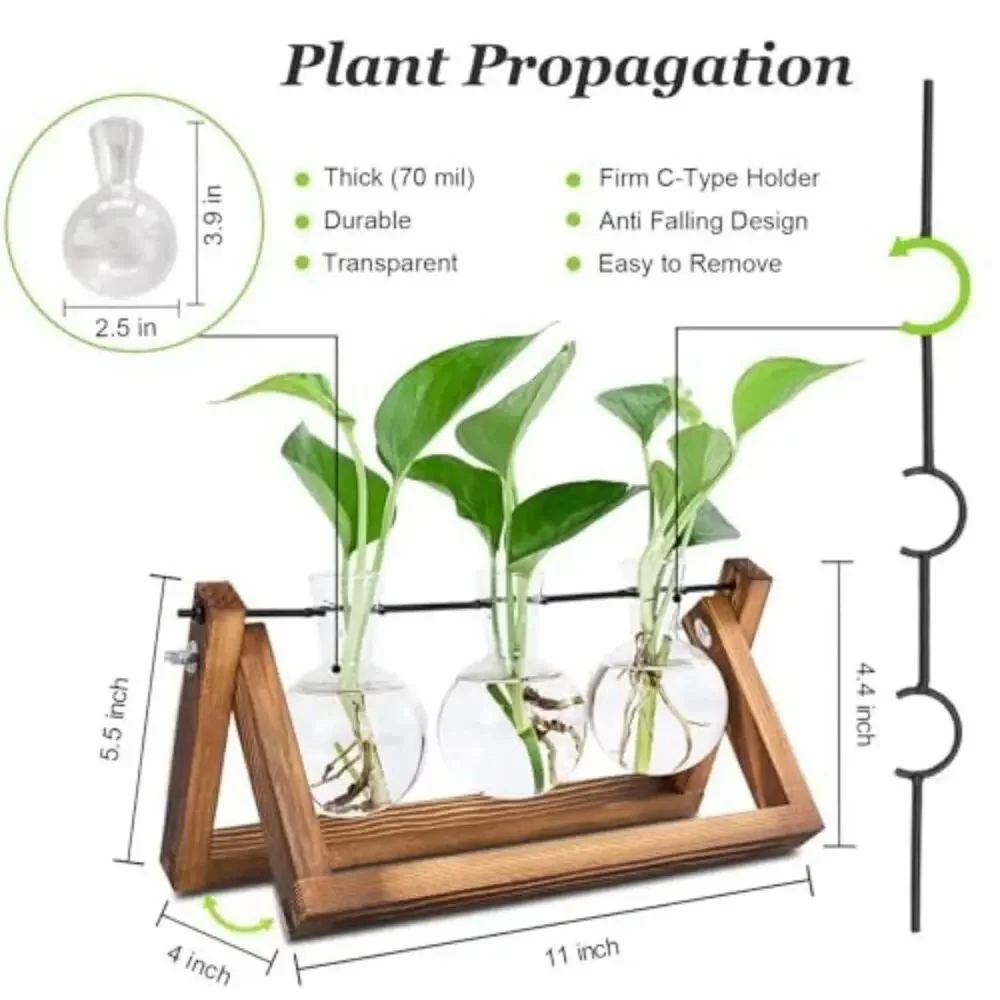 Plant Propagation Stations with Wooden Stand & 3 Glass Bulb Vases 3 Bulb Vase
